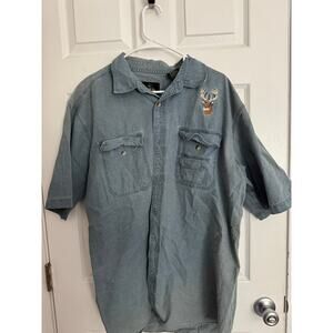 Vintage Denim Short Sleeve Button Up Embroidered Deer Hunting Outdoor Shirt XL